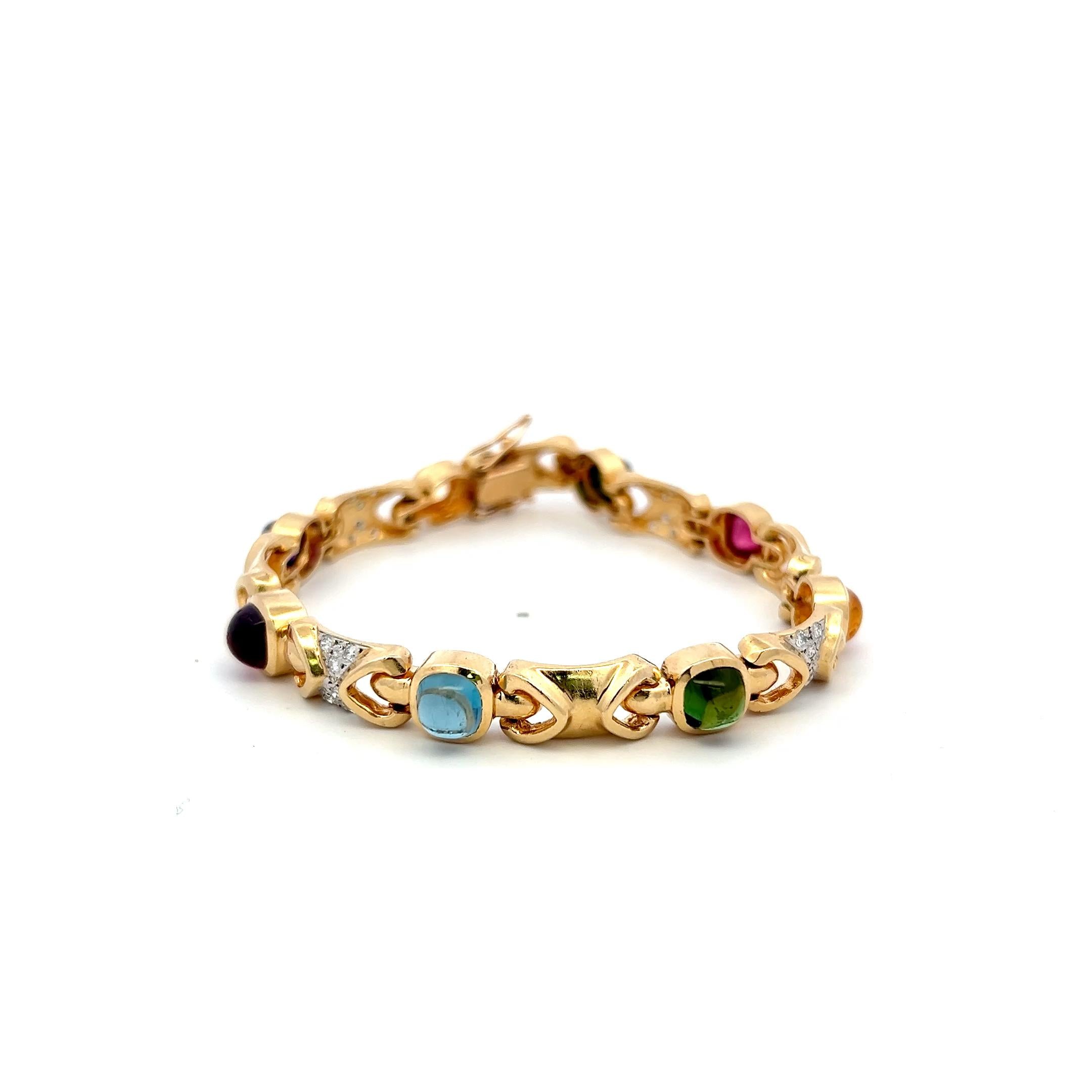 14K YG Link Bracelet with 0.48 Carat Round G-SI Diamonds & Multi-Gemstones