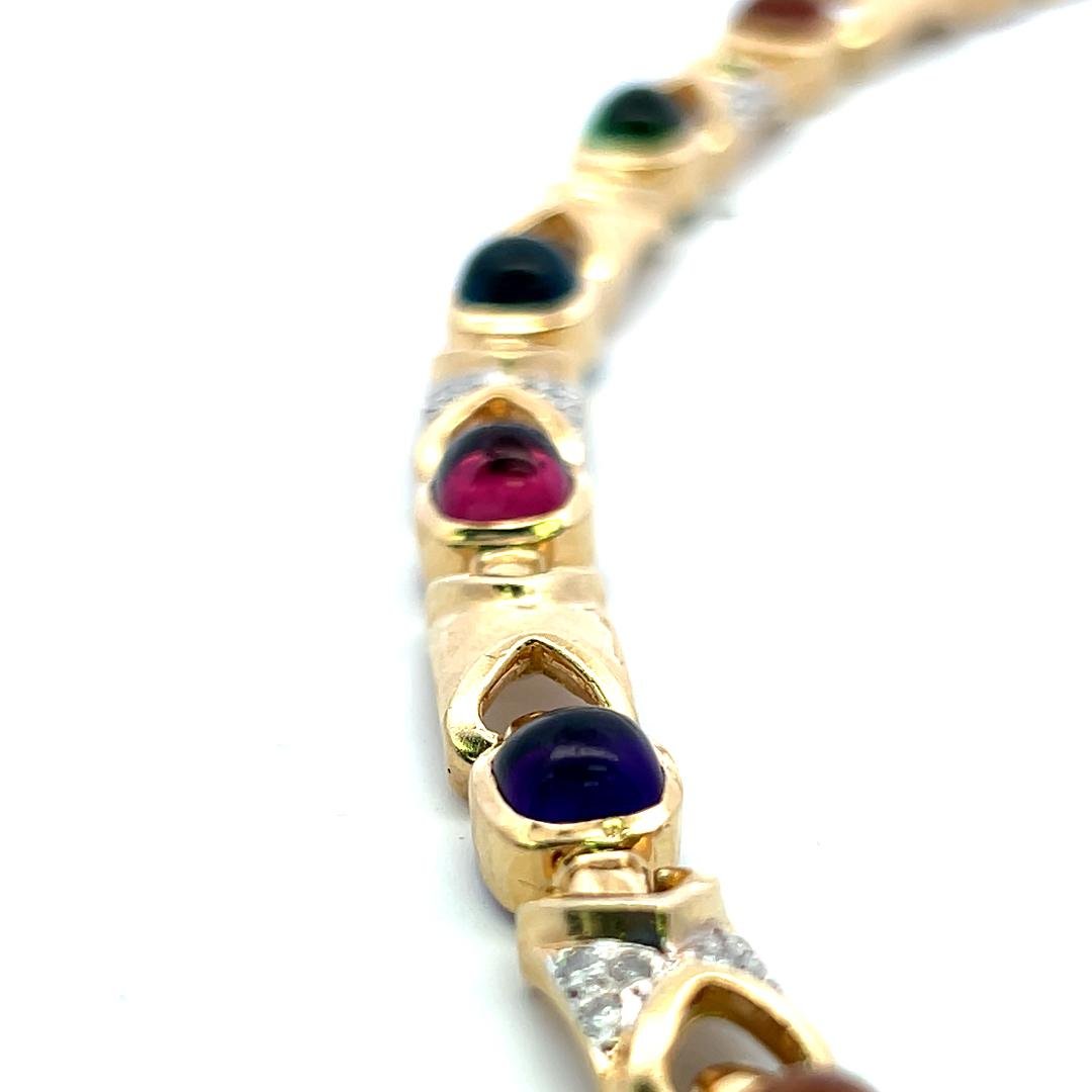 14K Yellow Gold Link Bracelet with 0.48ct Round Diamonds and Multi Gemstones