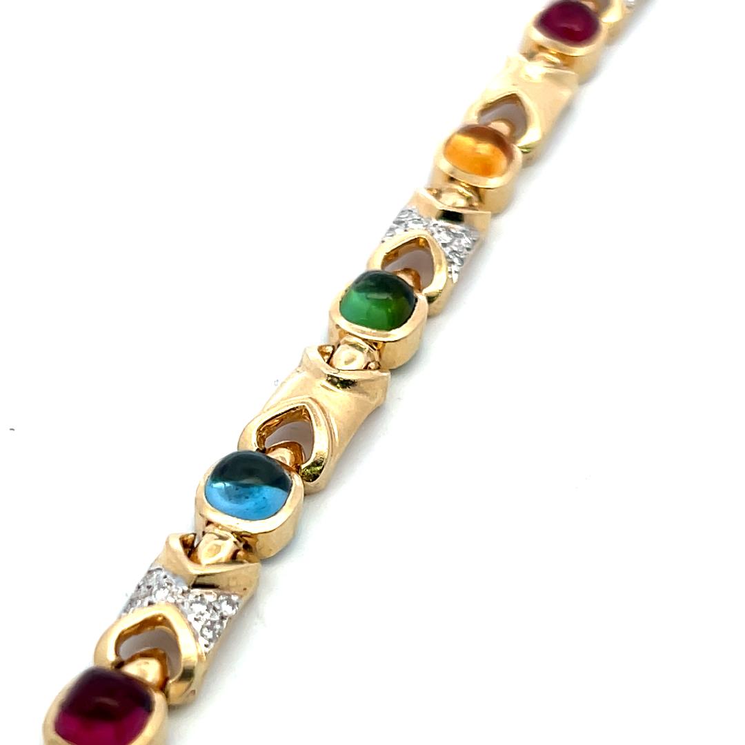 14K YG Link Bracelet with 0.48 Carat Round G-SI Diamonds & Multi-Gemstones