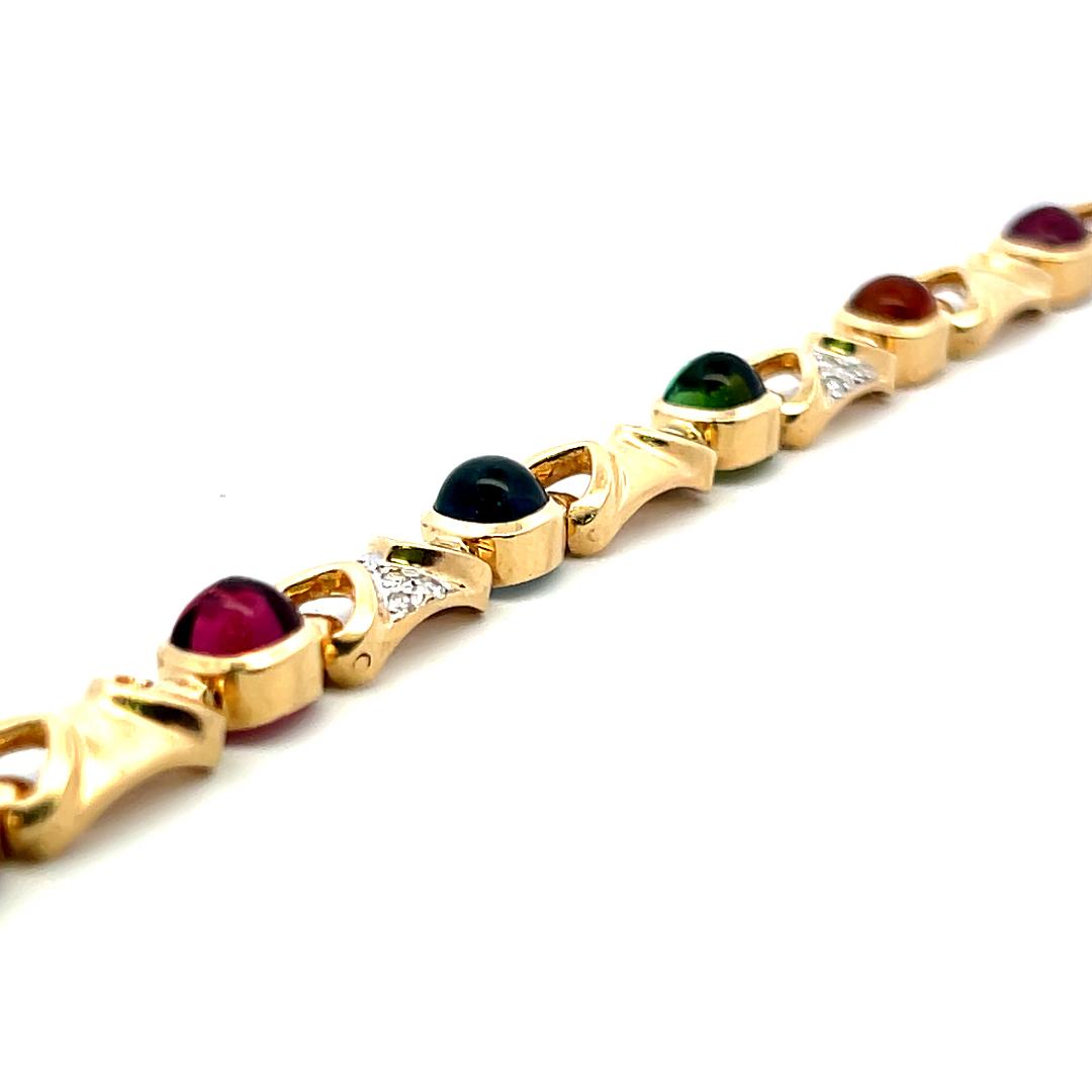 14K YG Link Bracelet with 0.48 Carat Round G-SI Diamonds & Multi-Gemstones