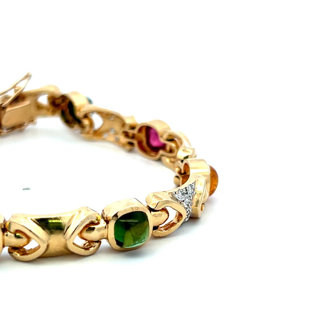 14K YG Link Bracelet with 0.48 Carat Round G-SI Diamonds & Multi-Gemstones