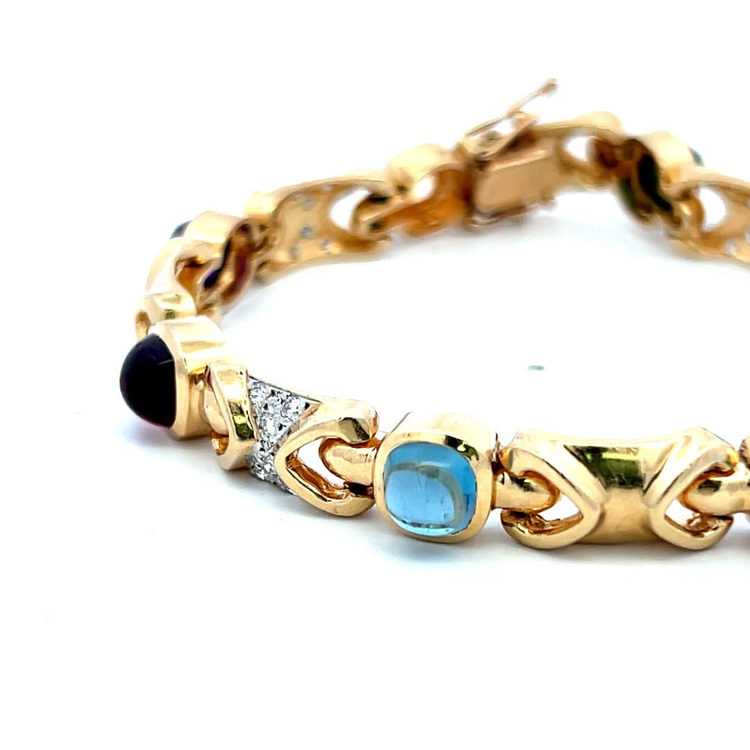 14K YG Link Bracelet with 0.48 Carat Round G-SI Diamonds & Multi-Gemstones