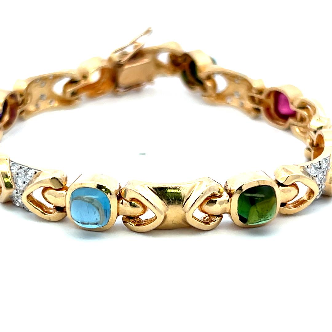 14K YG Link Bracelet with 0.48 Carat Round G-SI Diamonds & Multi-Gemstones
