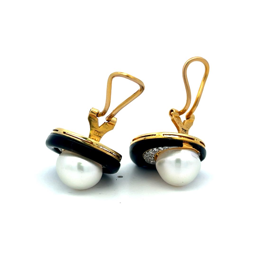 Vintage 12MM Pearl 18K YG Onyx Clip-On Earrings With 1.2 Carat H-VS Diamonds