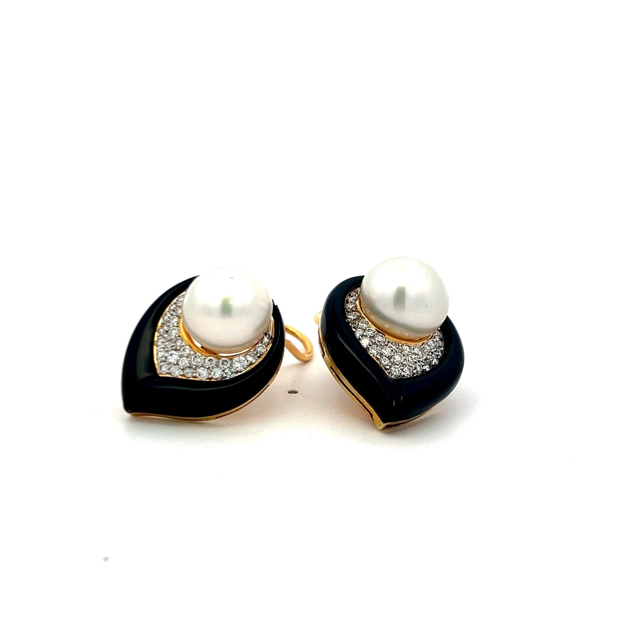Vintage 12MM Pearl 18K YG Onyx Clip-On Earrings With 1.2 Carat H-VS Diamonds
