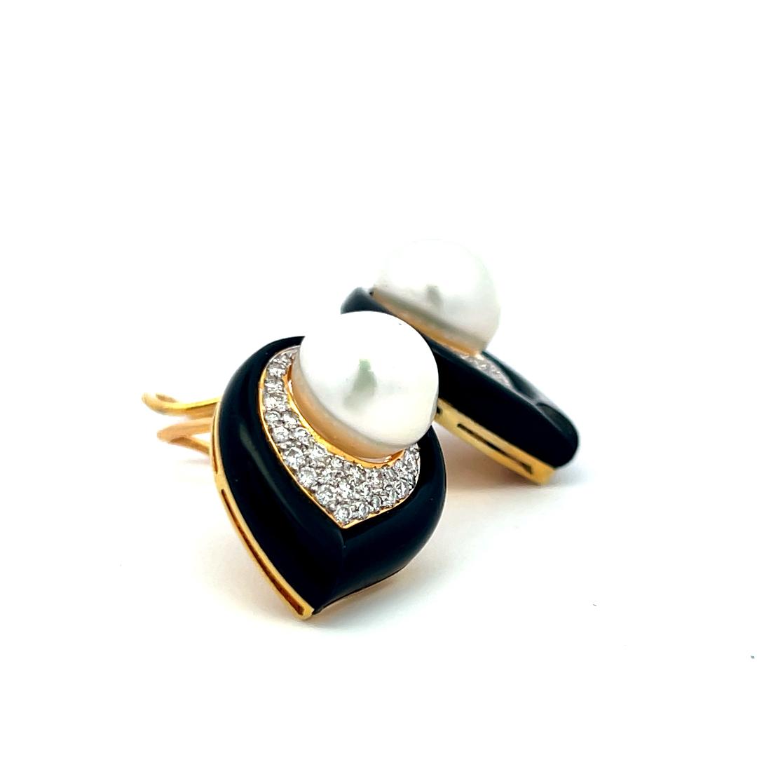 Vintage 12MM Pearl 18K YG Onyx Clip-On Earrings With 1.2 Carat H-VS Diamonds