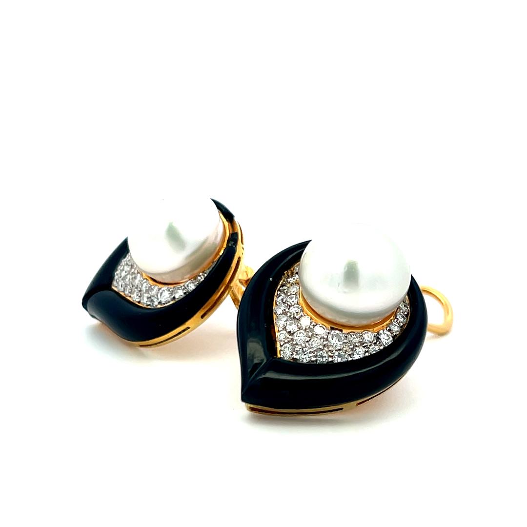 Vintage 12MM Pearl 18K YG Onyx Clip-On Earrings With 1.2 Carat H-VS Diamonds