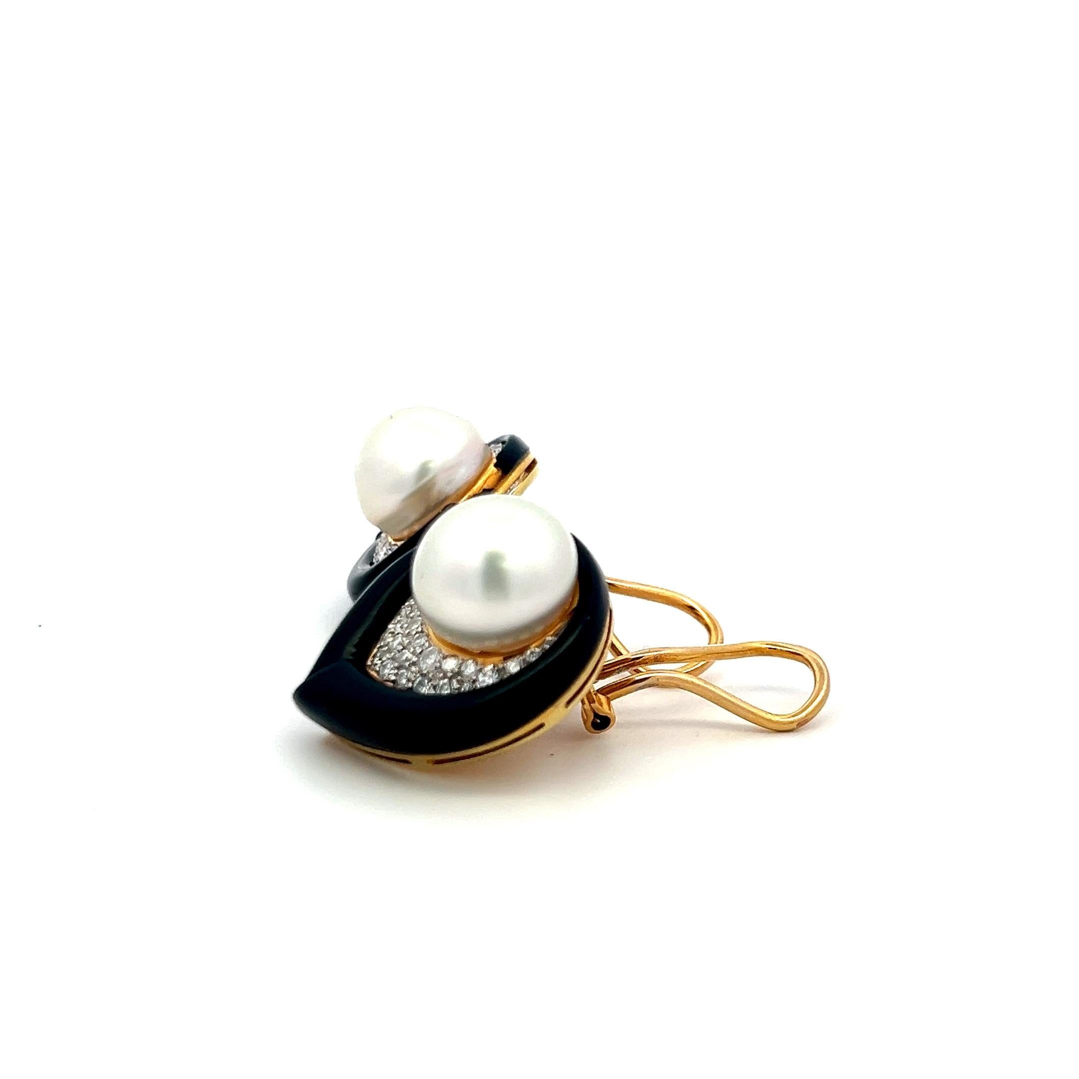 Vintage 12MM Pearl 18K YG Onyx Clip-On Earrings With 1.2 Carat H-VS Diamonds