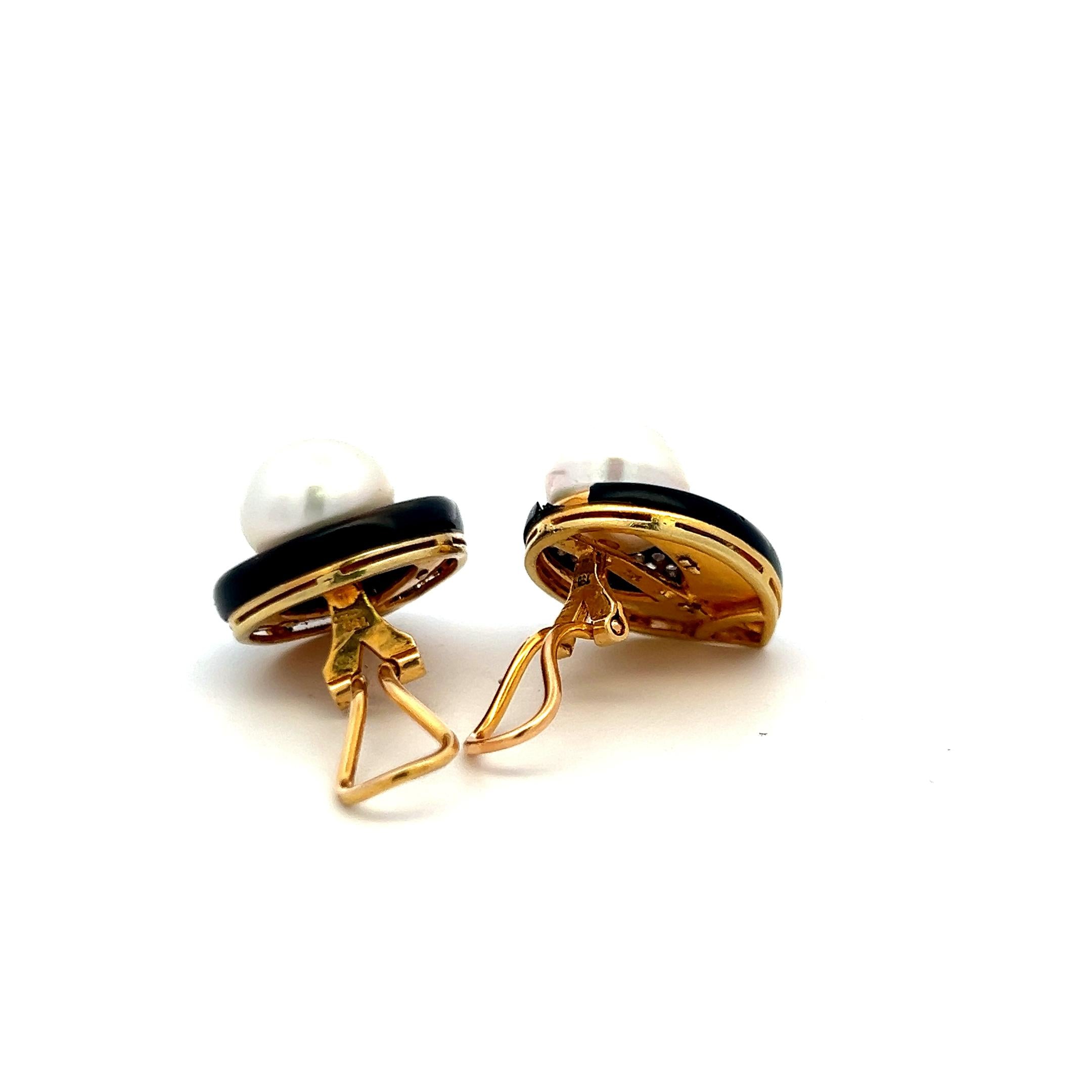 Vintage 12MM Pearl 18K YG Onyx Clip-On Earrings With 1.2 Carat H-VS Diamonds