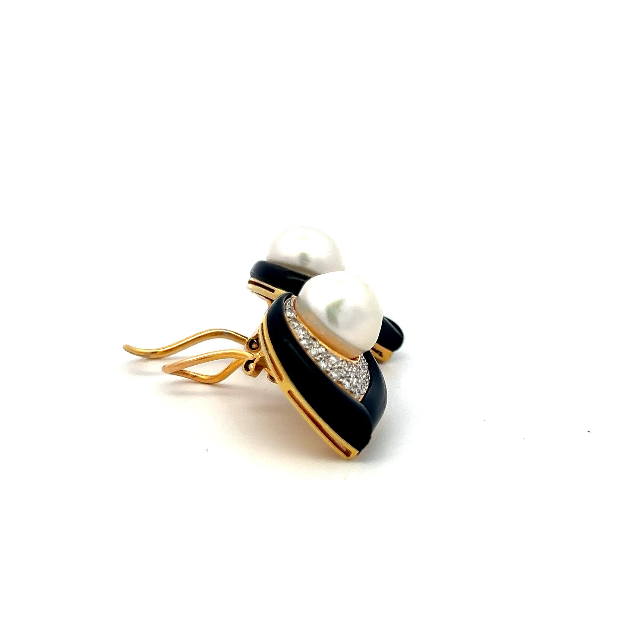 Vintage 12MM Pearl 18K YG Onyx Clip-On Earrings With 1.2 Carat H-VS Diamonds