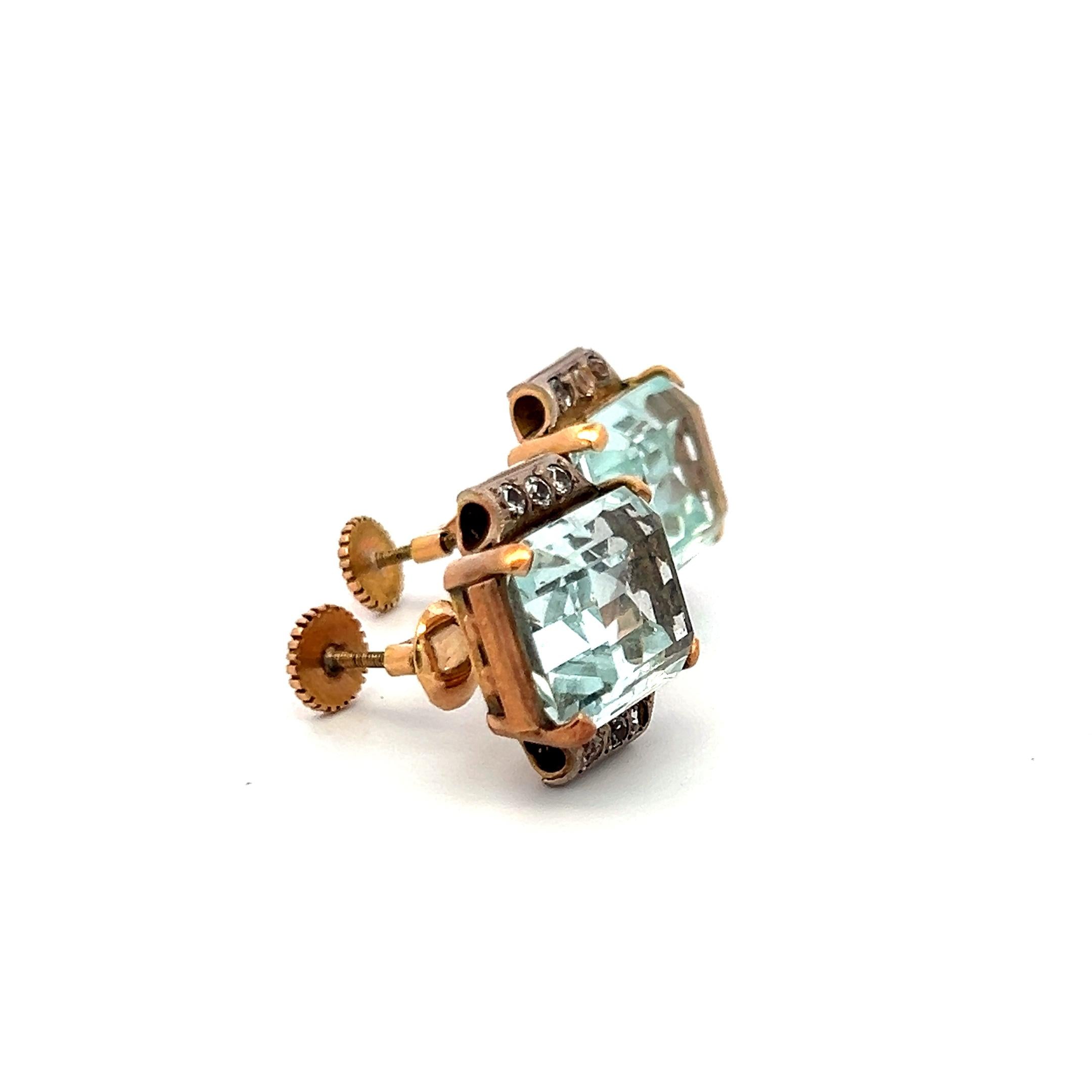 13 Carat Aqua Marine Clip-On Earrings in 14K Two-Tone Gold 0.36 Carat Diamonds