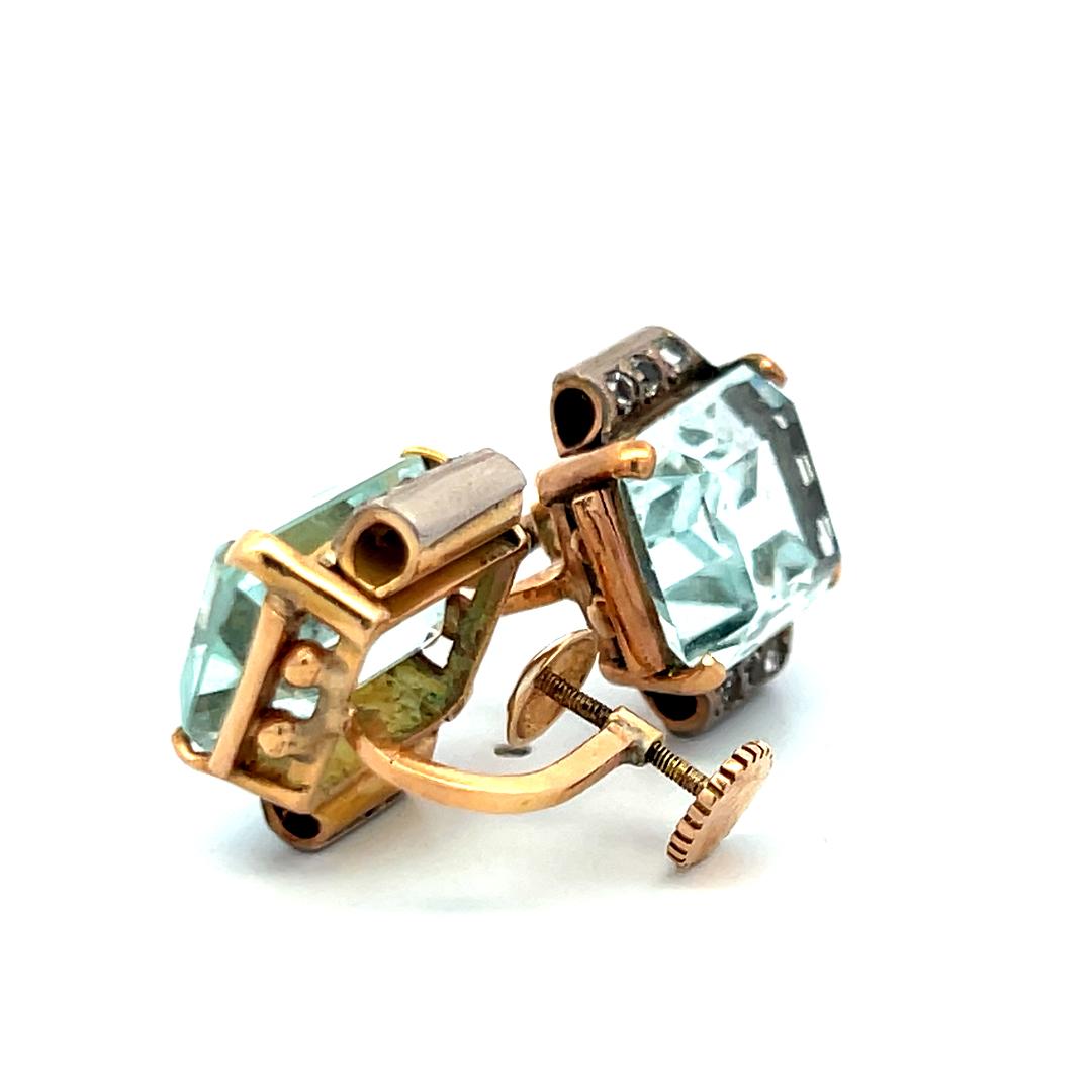 13 Carat Aqua Marine Clip-On Earrings in 14K Two-Tone Gold 0.36 Carat Diamonds