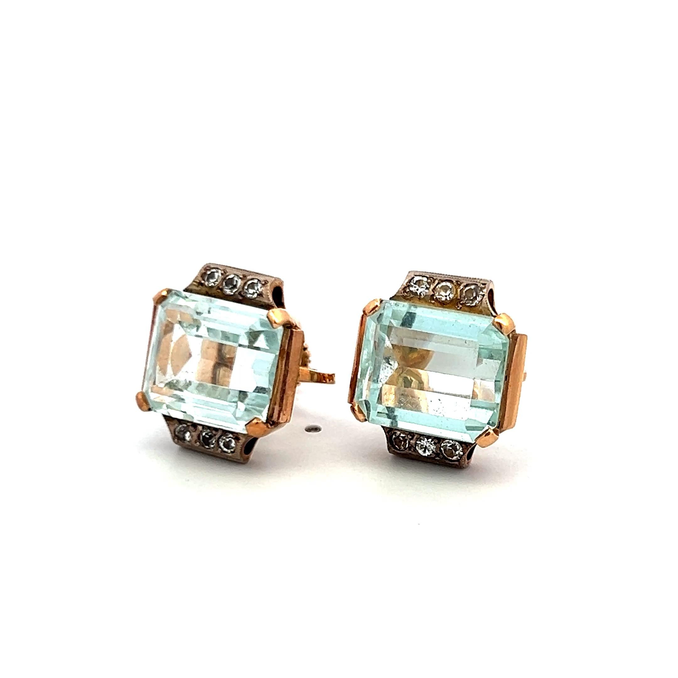 13 Carat Aqua Marine Clip-On Earrings in 14K Two-Tone Gold 0.36 Carat Diamonds