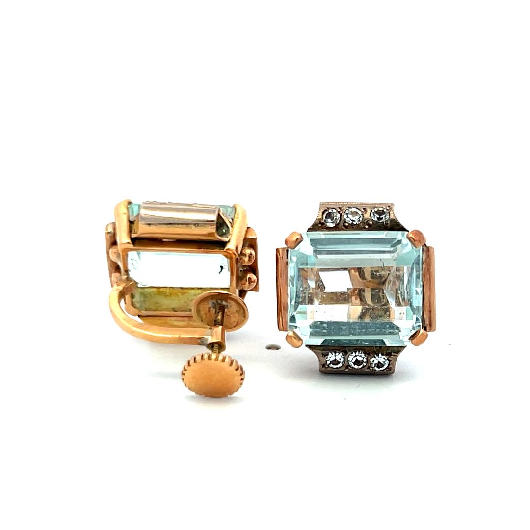 13 Carat Aqua Marine Clip-On Earrings in 14K Two-Tone Gold 0.36 Carat Diamonds