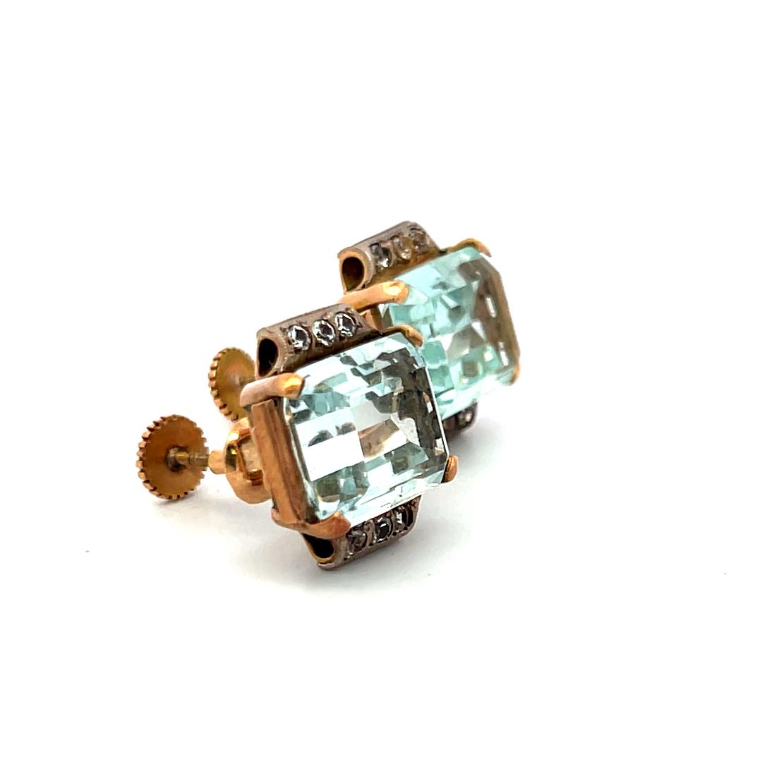 13 Carat Aqua Marine Clip-On Earrings in 14K Two-Tone Gold 0.36 Carat Diamonds
