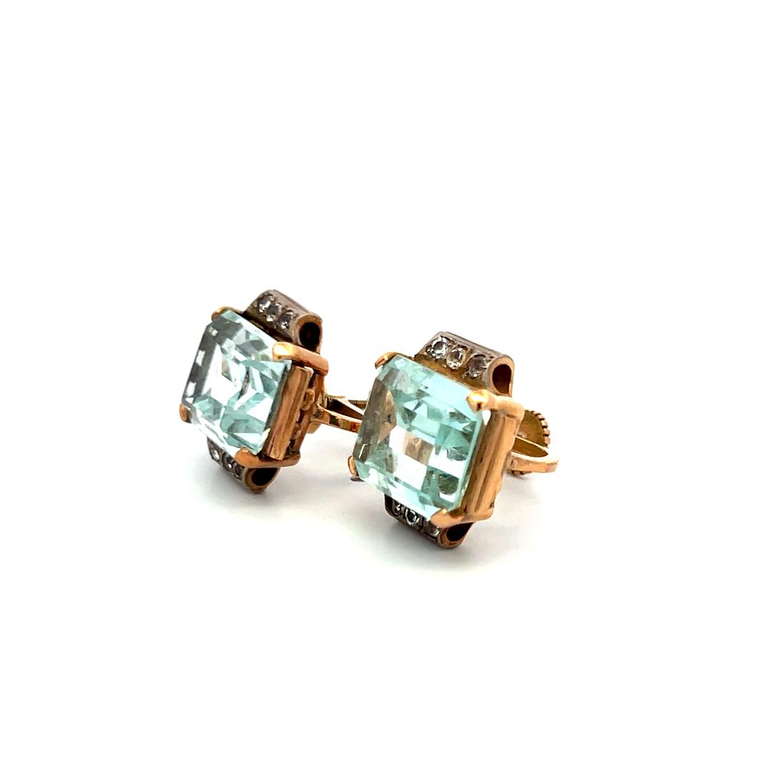 13 Carat Aqua Marine Clip-On Earrings in 14K Two-Tone Gold 0.36 Carat Diamonds