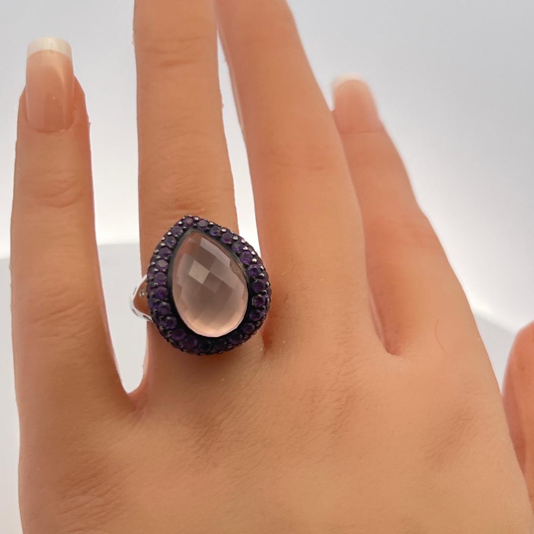Teardrop Rose Quartz 18K White Gold Cocktail Ring 0.21 Carat Diamonds Sapphire