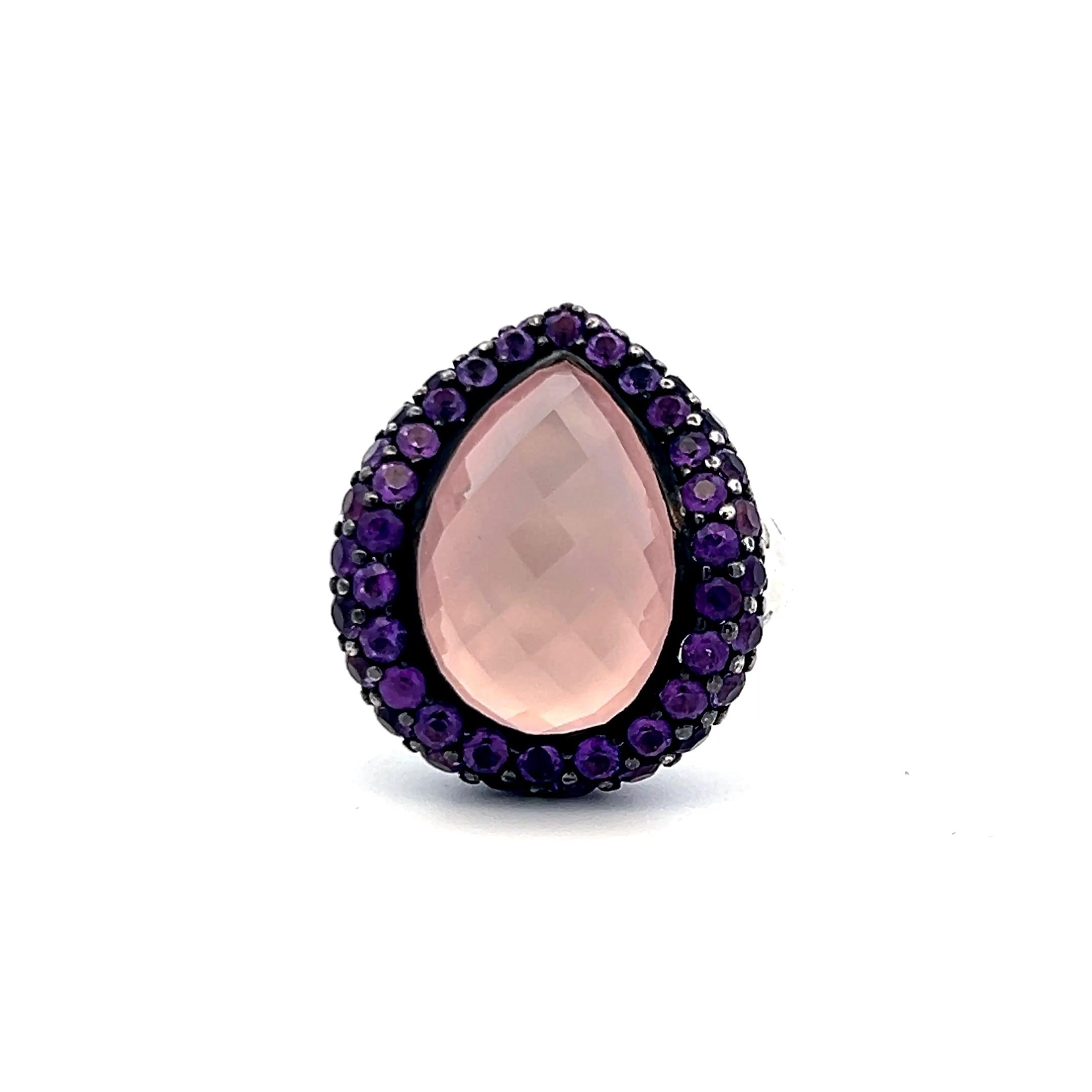 Teardrop Rose Quartz 18K White Gold Cocktail Ring 0.21 Carat Diamonds Sapphire
