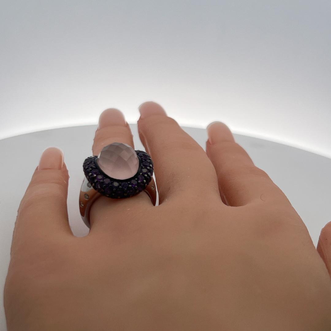 Teardrop Rose Quartz 18K White Gold Cocktail Ring 0.21 Carat Diamonds Sapphire