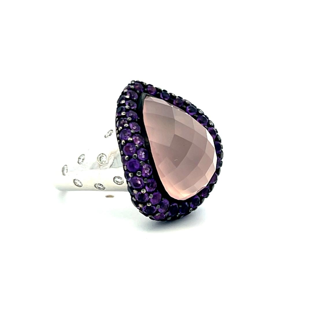 Teardrop Rose Quartz 18K White Gold Cocktail Ring 0.21 Carat Diamonds Sapphire