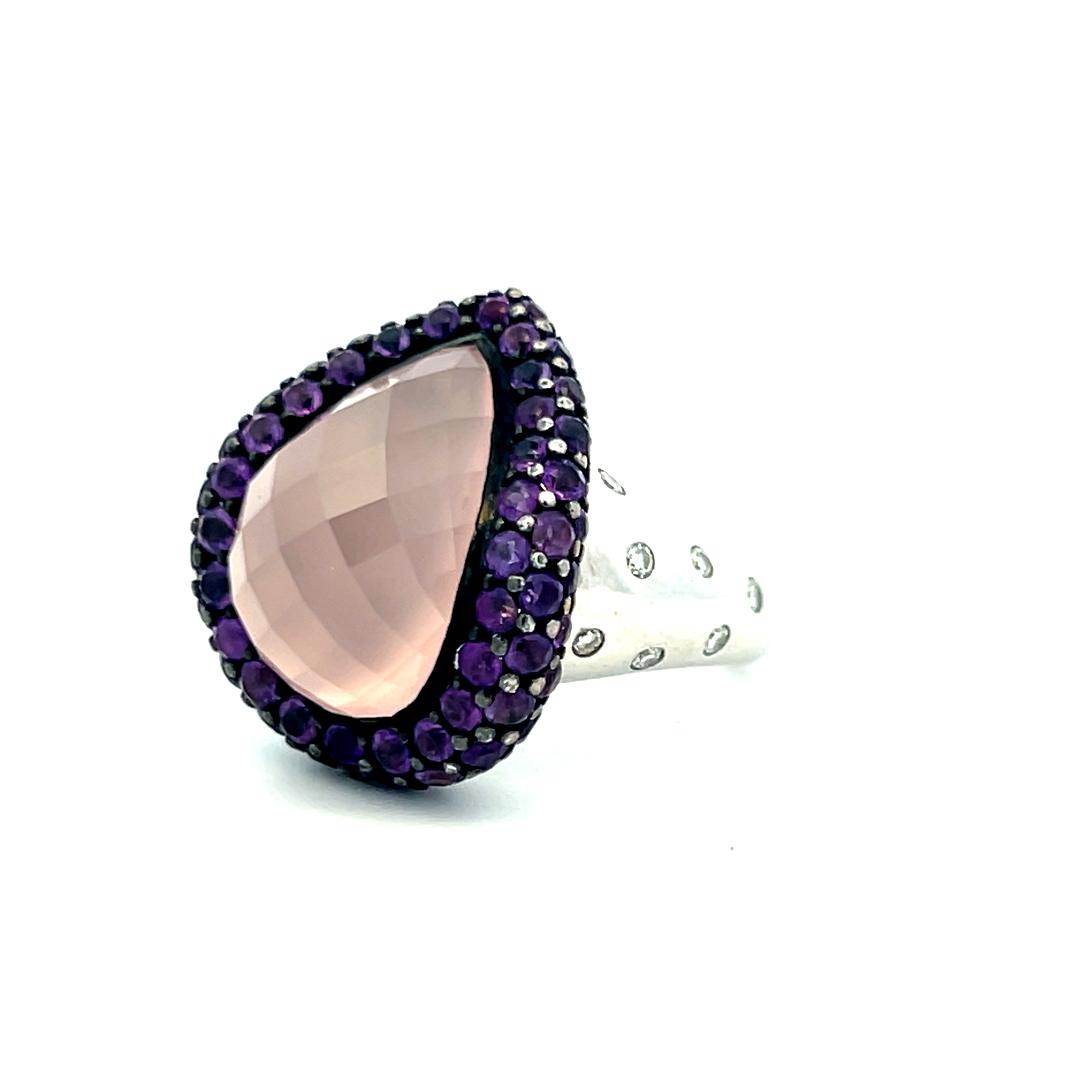 Teardrop Rose Quartz 18K White Gold Cocktail Ring 0.21 Carat Diamonds Sapphire