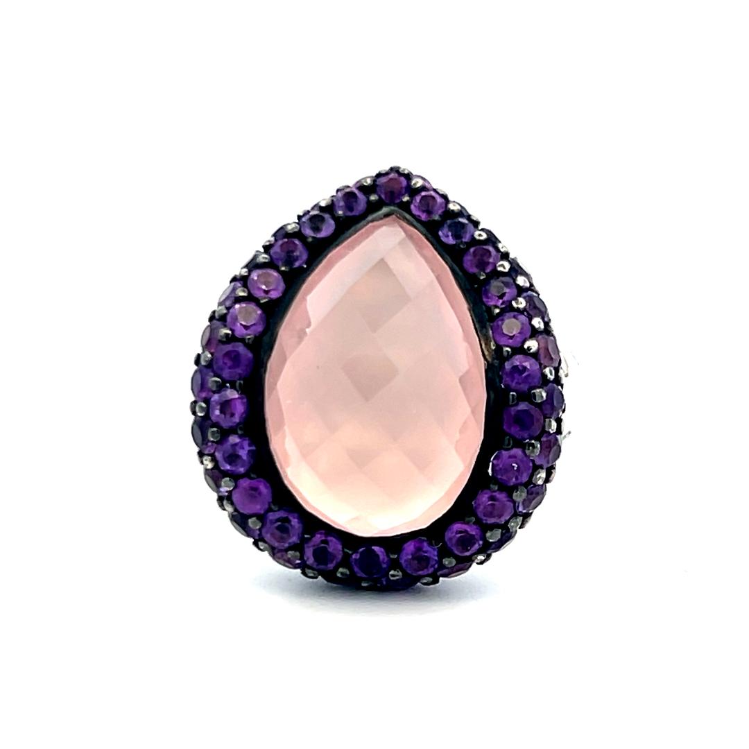 Teardrop Rose Quartz 18K White Gold Cocktail Ring 0.21 Carat Diamonds Sapphire