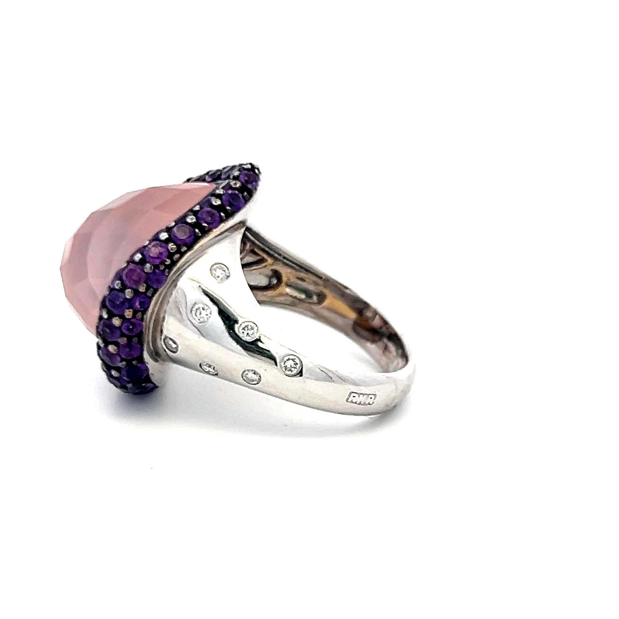 Teardrop Rose Quartz 18K White Gold Cocktail Ring 0.21 Carat Diamonds Sapphire