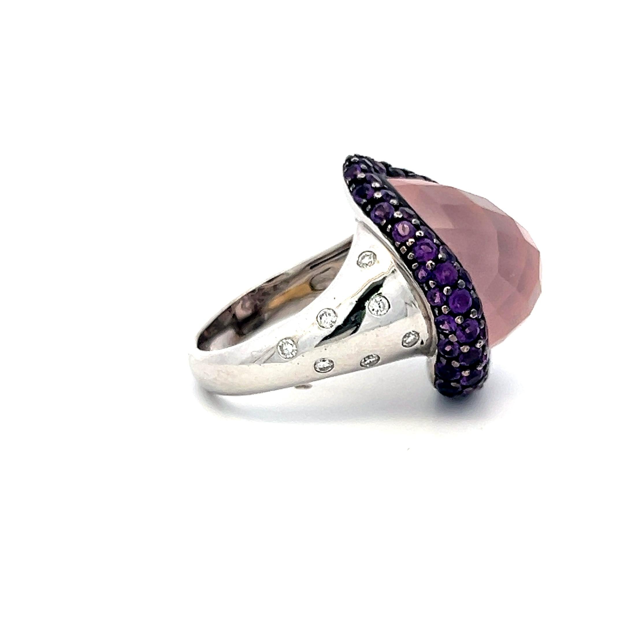 Teardrop Rose Quartz 18K White Gold Cocktail Ring 0.21 Carat Diamonds Sapphire