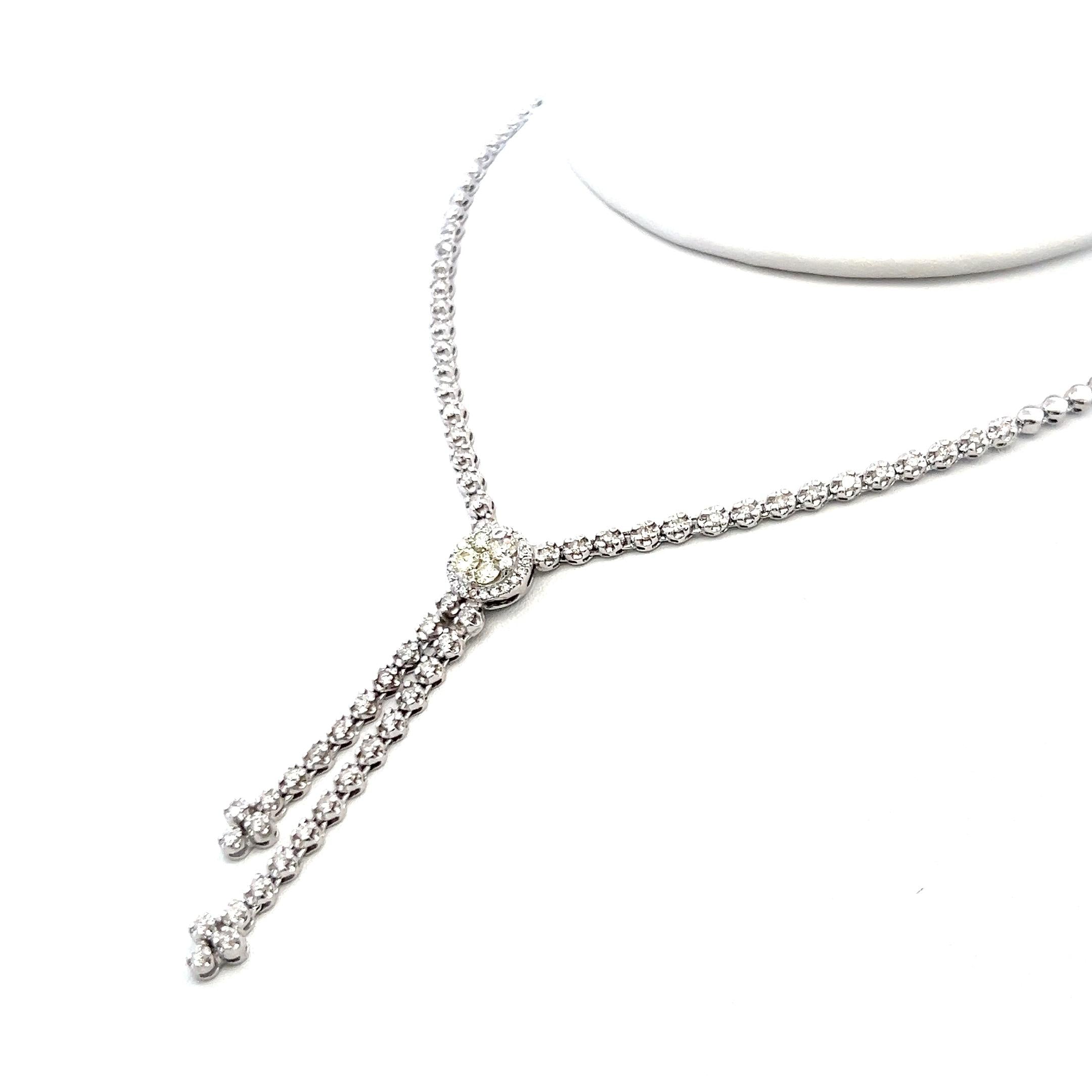 Radiant 14K White Gold Lariat Necklace with 1.25 Carat Round J-VS Diamonds