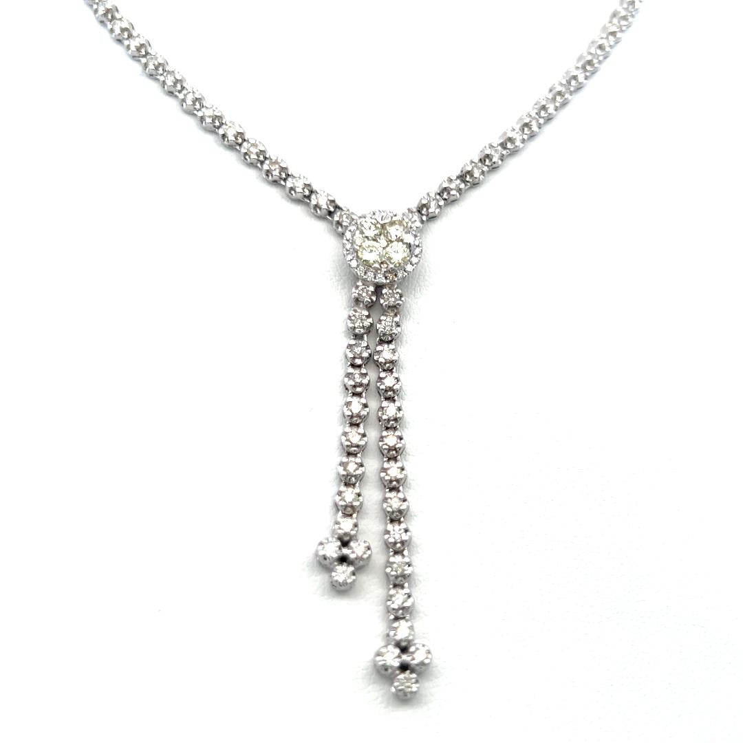 Radiant 14K White Gold Lariat Necklace with 1.25 Carat Round J-VS Diamonds
