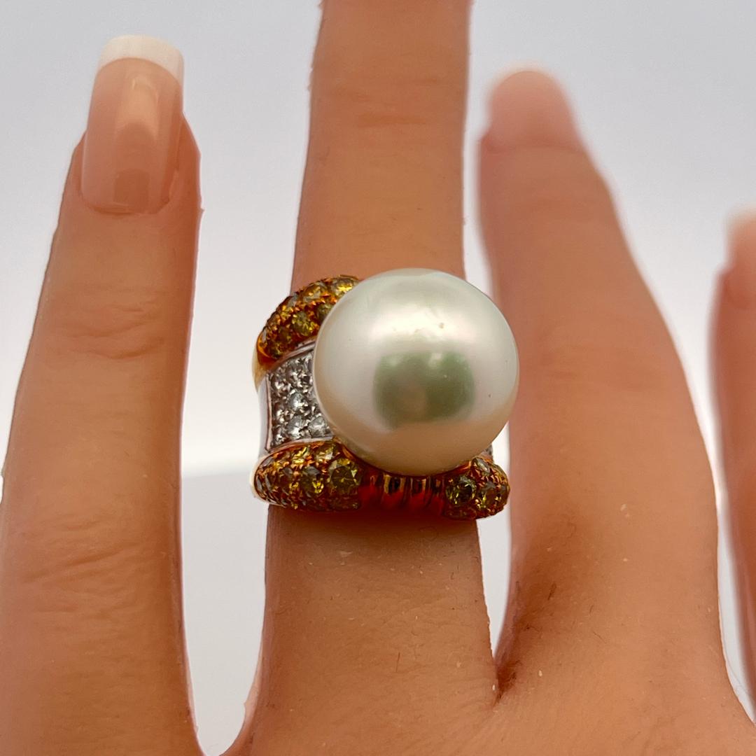 18 Karat Two Tone Gold Cocktail Ring with 16MM Pearl & 2.78 Carat Diamonds