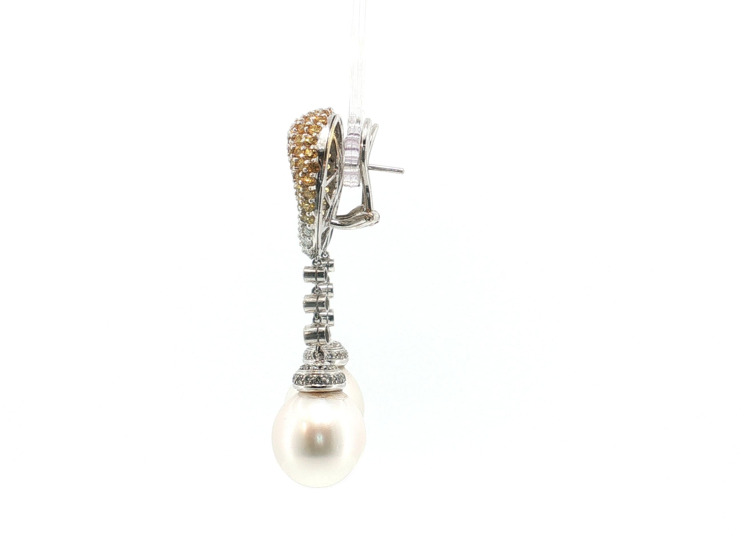 18K White Gold Drop Earrings with 2ct Round Diamonds 5ct Sapphire & 15MM Pearl