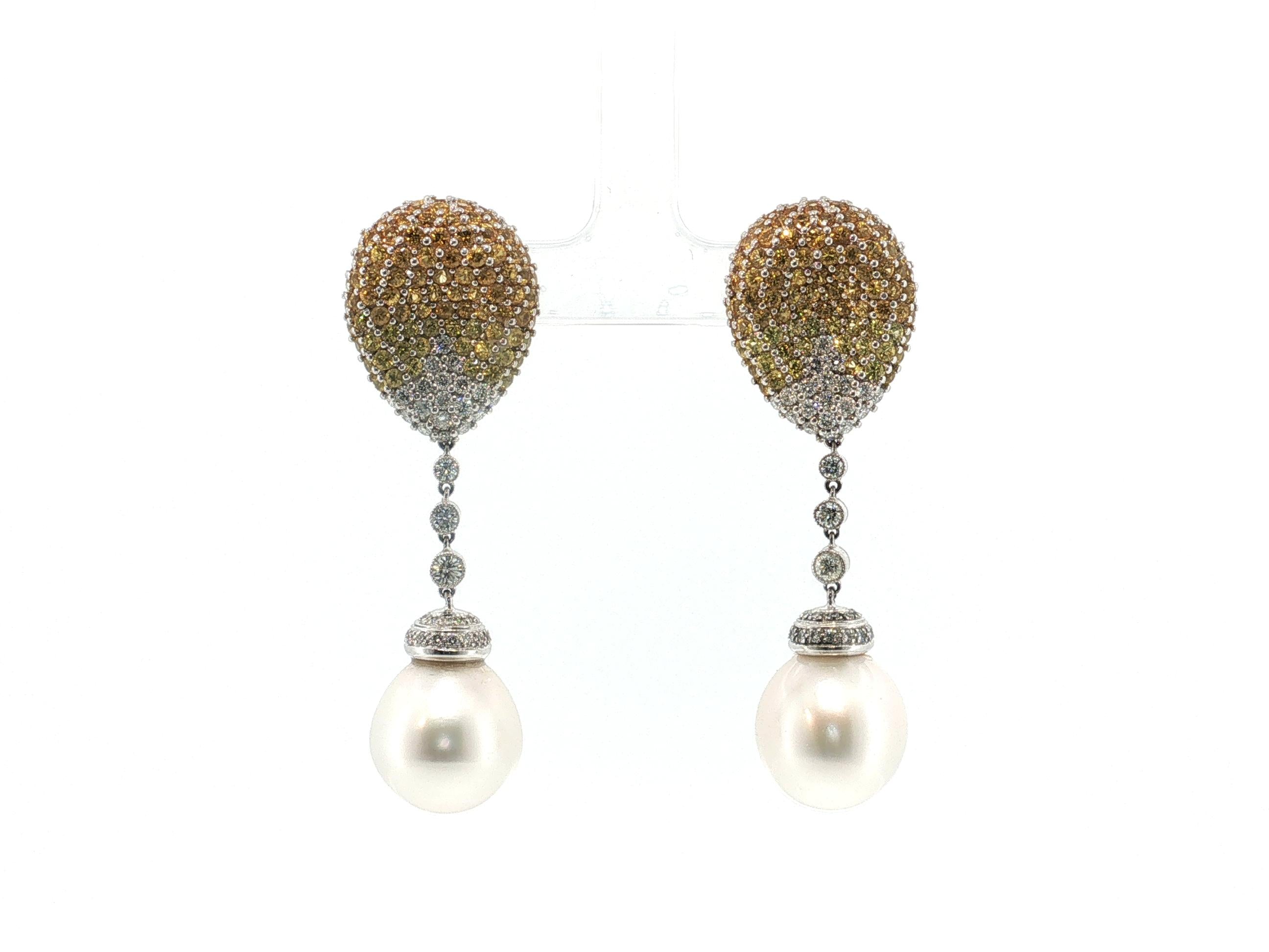 18K White Gold Drop Earrings with 2ct Round Diamonds 5ct Sapphire & 15MM Pearl