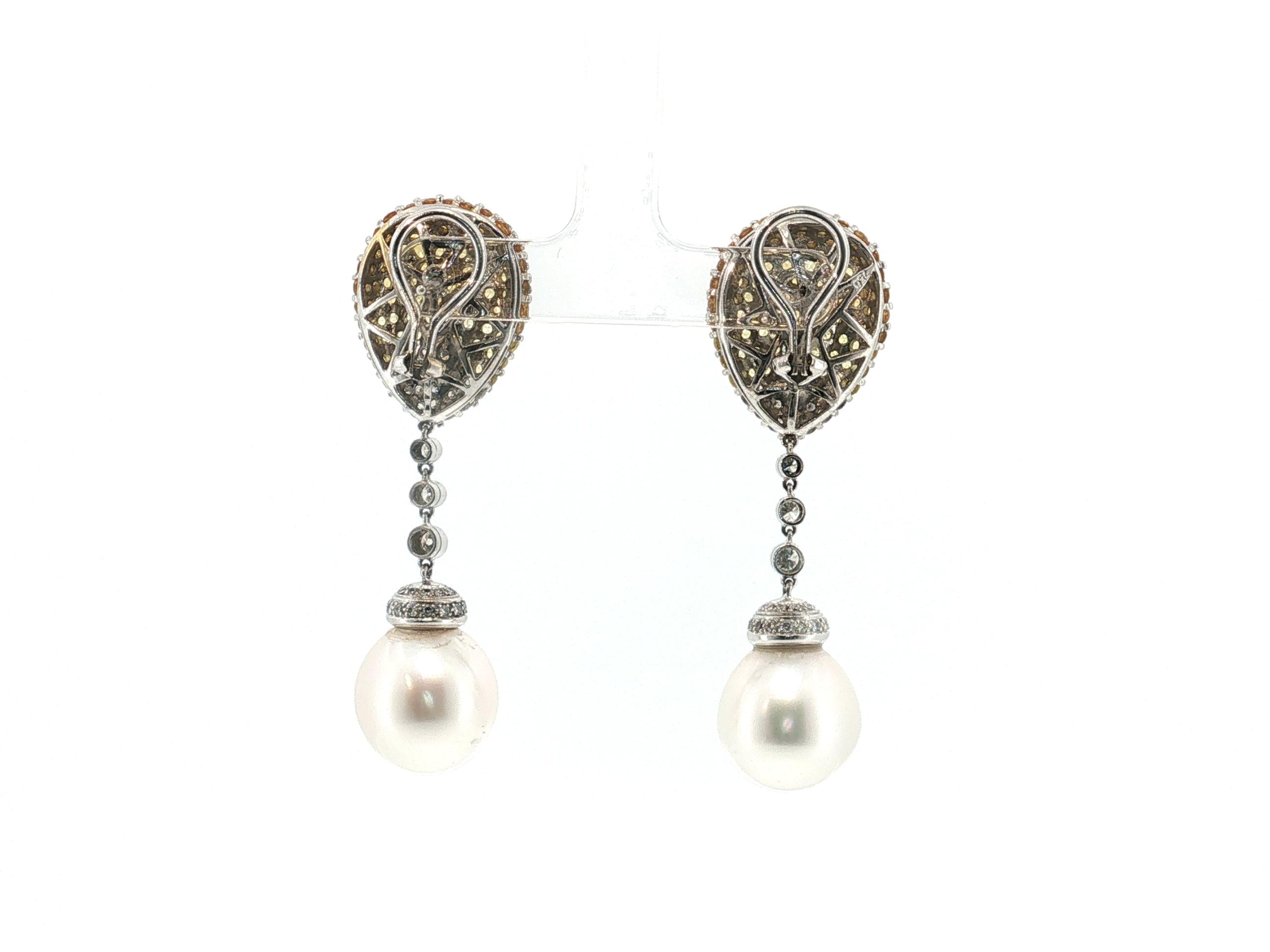 18K White Gold Drop Earrings with 2ct Round Diamonds 5ct Sapphire & 15MM Pearl