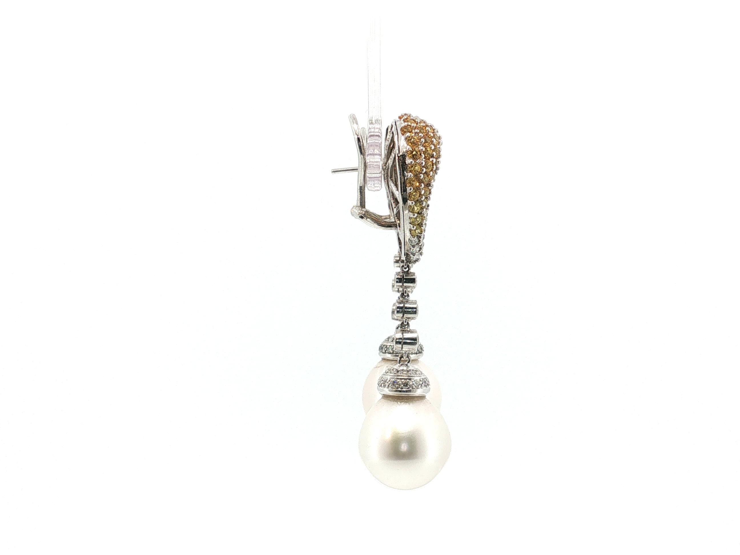 18K White Gold Drop Earrings with 2ct Round Diamonds 5ct Sapphire & 15MM Pearl