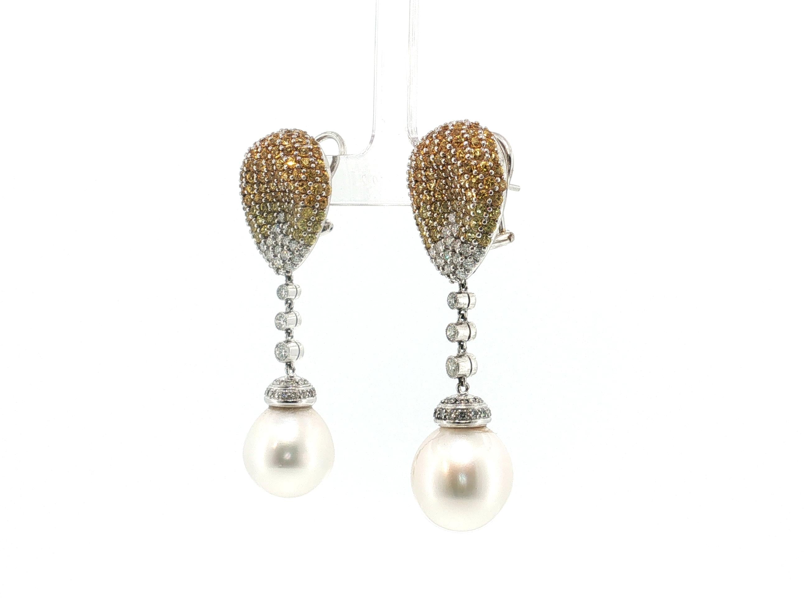 18K White Gold Drop Earrings with 2ct Round Diamonds 5ct Sapphire & 15MM Pearl