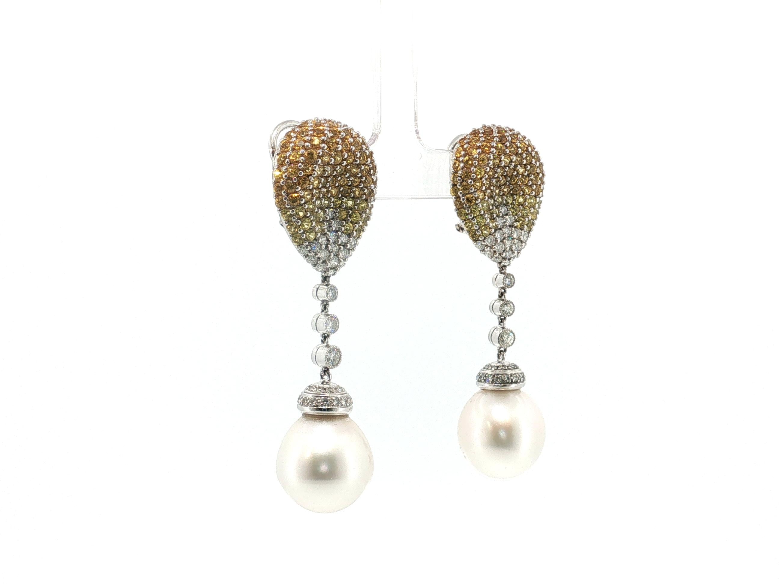 18K White Gold Drop Earrings with 2ct Round Diamonds 5ct Sapphire & 15MM Pearl