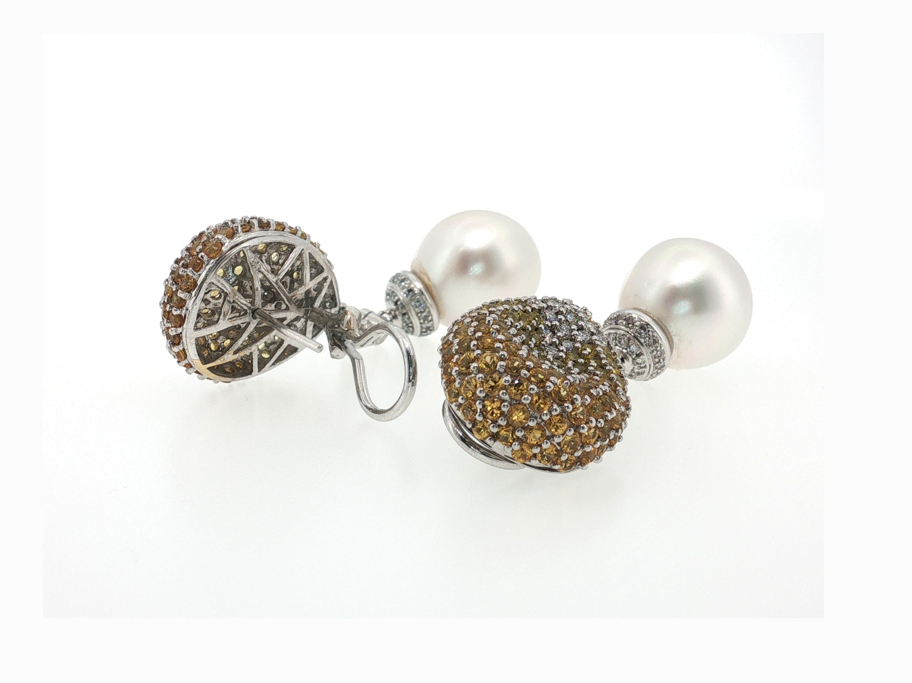 18K White Gold Drop Earrings with 2ct Round Diamonds 5ct Sapphire & 15MM Pearl