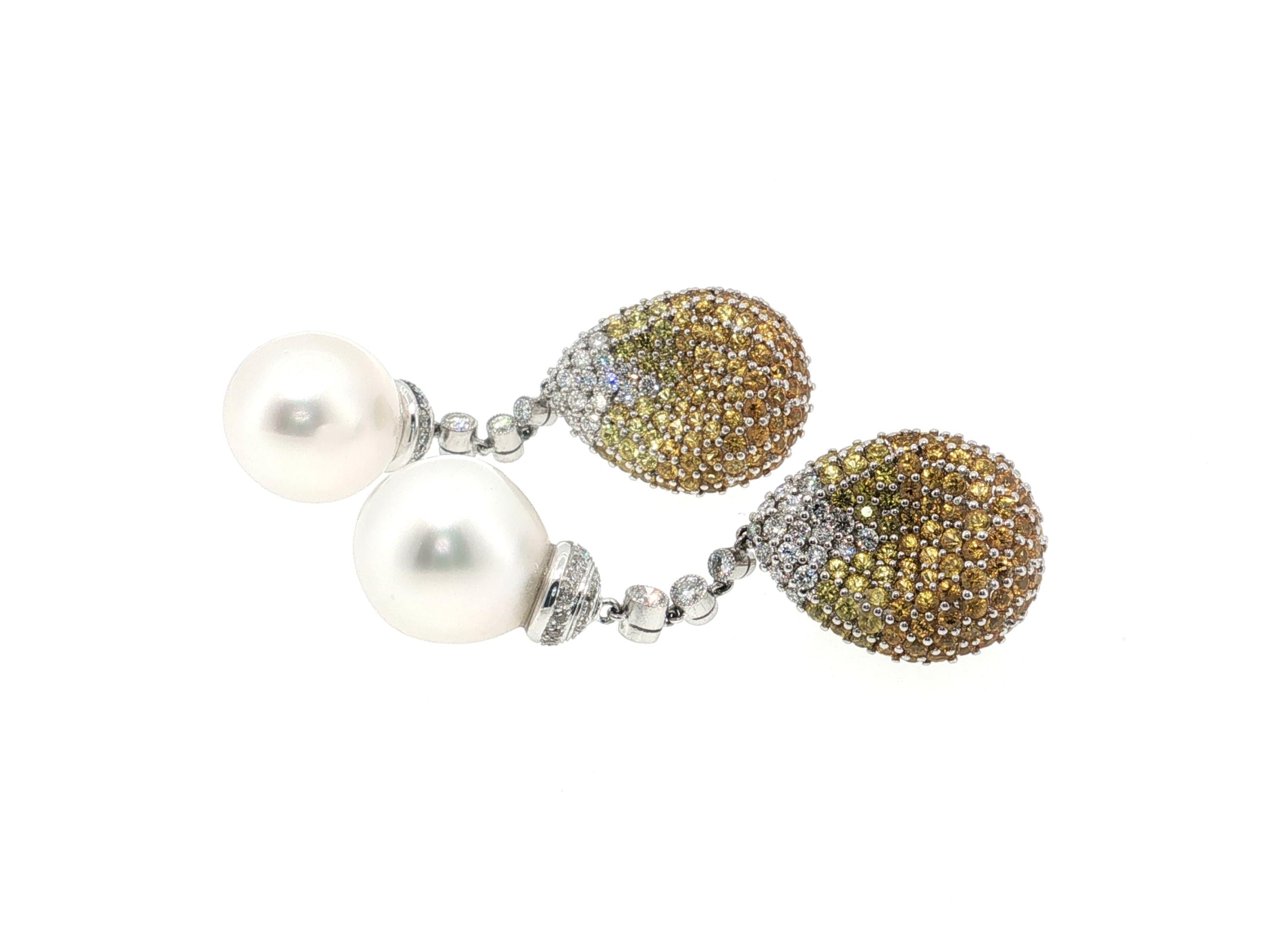 18K White Gold Drop Earrings with 2ct Round Diamonds 5ct Sapphire & 15MM Pearl