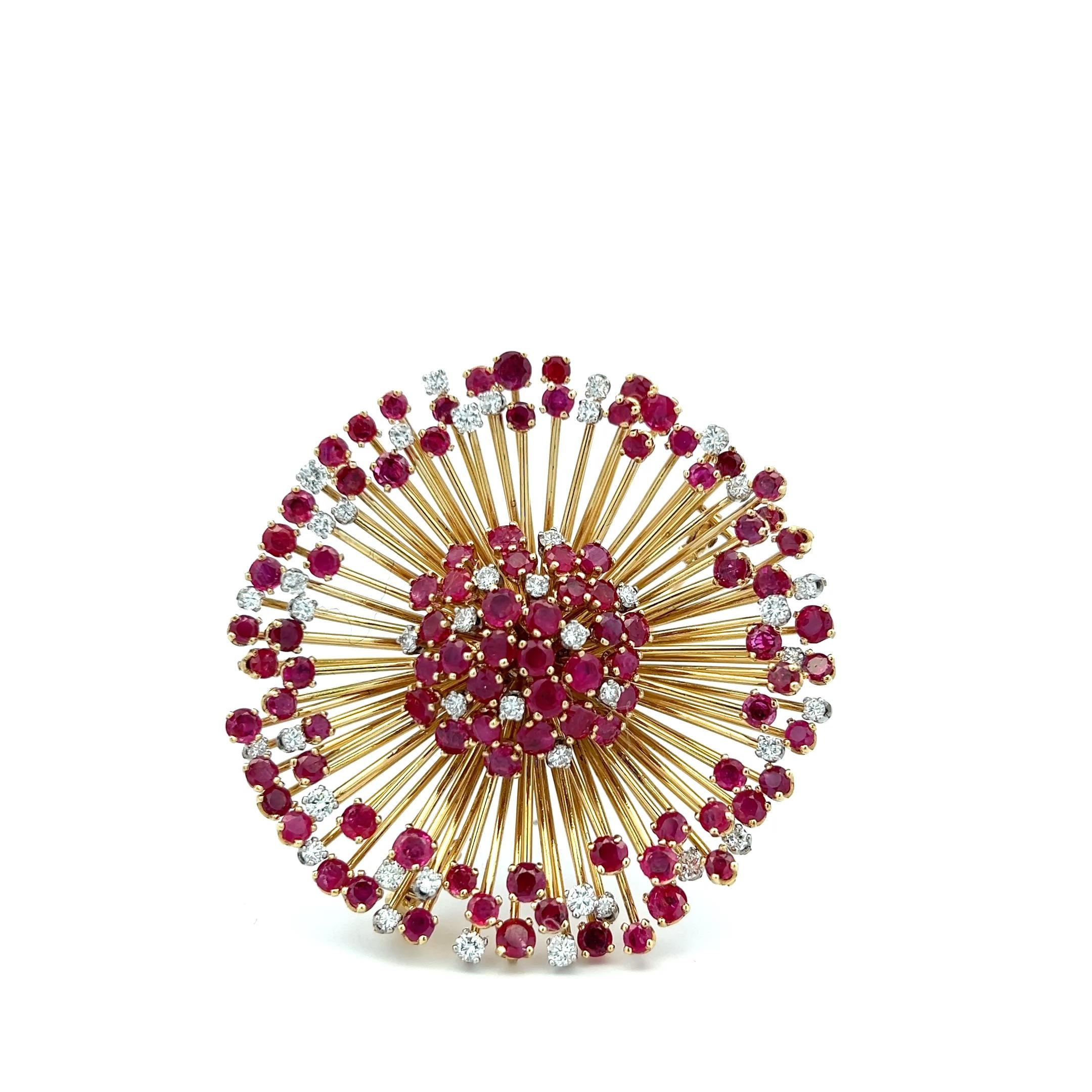 Cartier 18K Yellow Gold Pin Brooch with 1.3ct Round F VS Diamonds and 7ct Ruby