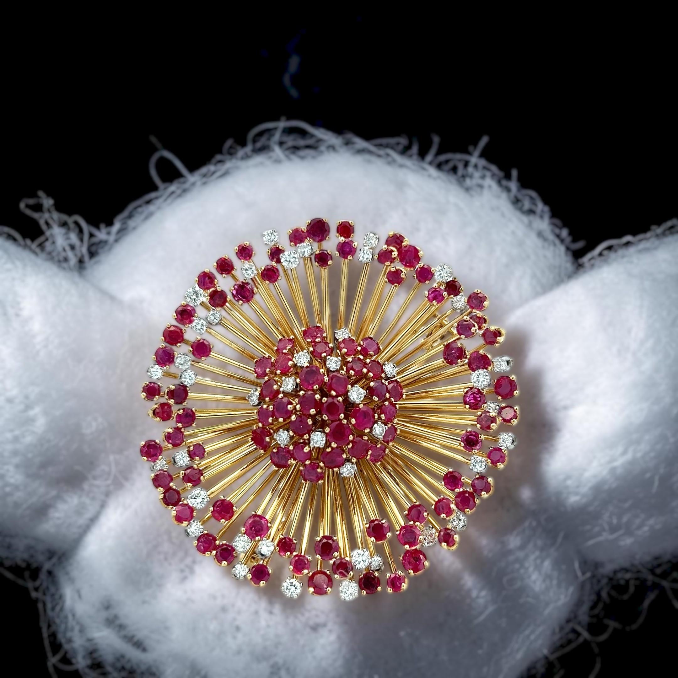 Cartier 18K Yellow Gold Pin Brooch with 1.3ct Round F VS Diamonds and 7ct Ruby