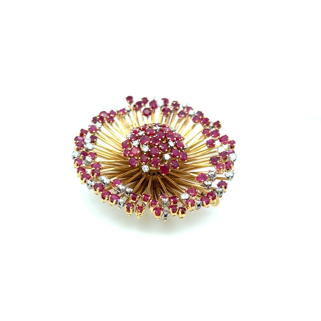 Cartier 18K Yellow Gold Pin Brooch with 1.3ct Round F VS Diamonds and 7ct Ruby