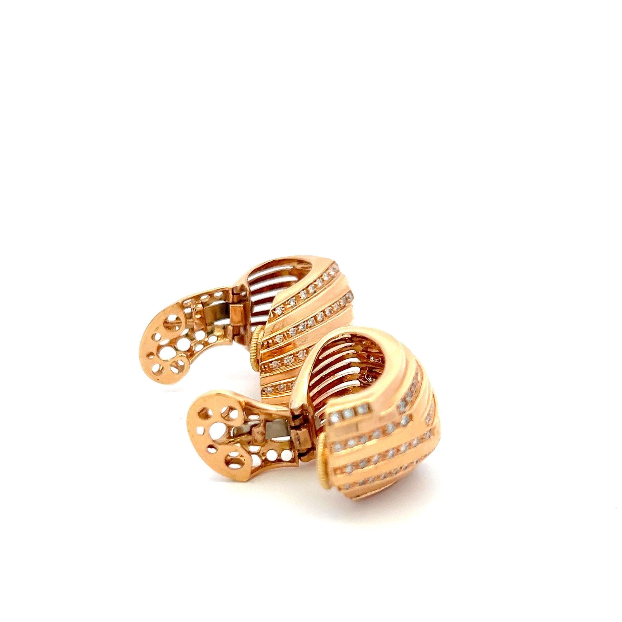 Vintage 18K Rose Gold Clip On Earrings with 1.88 Carat Round Diamonds H-SI