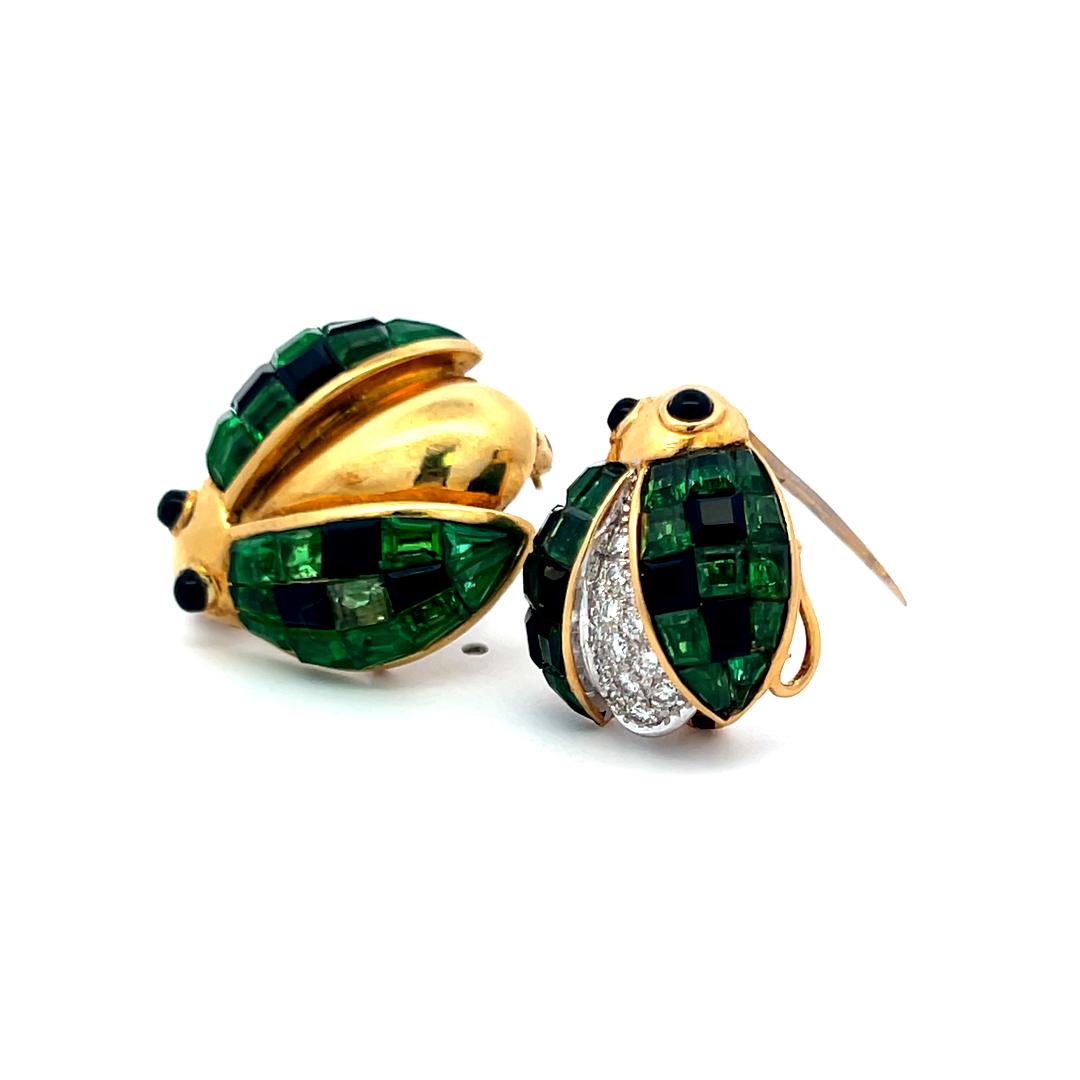18K Two-Tone Gold Pin Brooch with 0.14 Ct. Diamonds 2.8 Ct. Tsavorite and Onyx