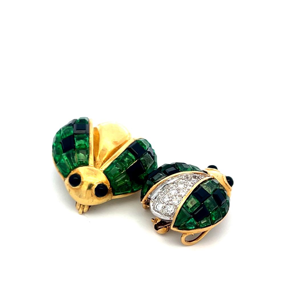 18K Two-Tone Gold Pin Brooch with 0.14 Ct. Diamonds 2.8 Ct. Tsavorite and Onyx