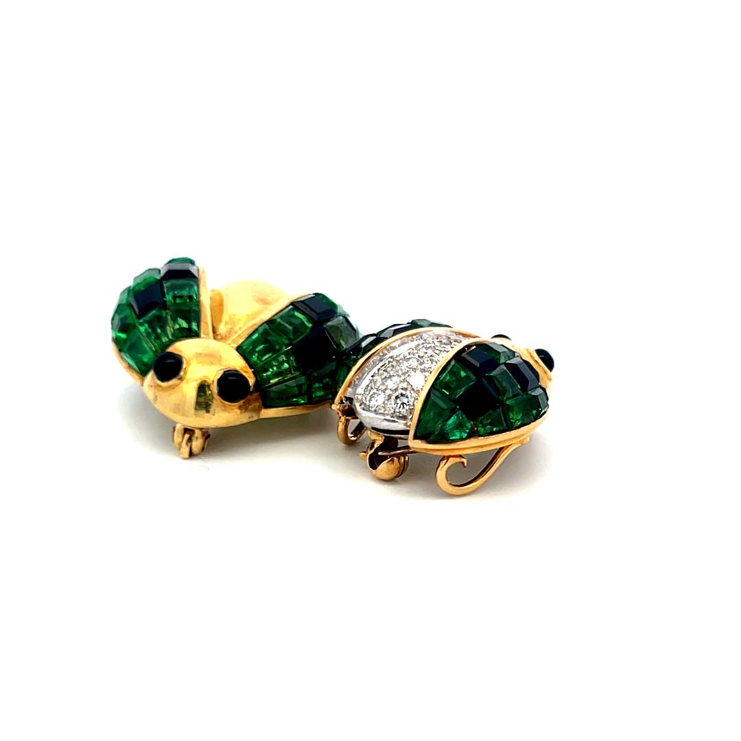 18K Two-Tone Gold Pin Brooch with 0.14 Ct. Diamonds 2.8 Ct. Tsavorite and Onyx