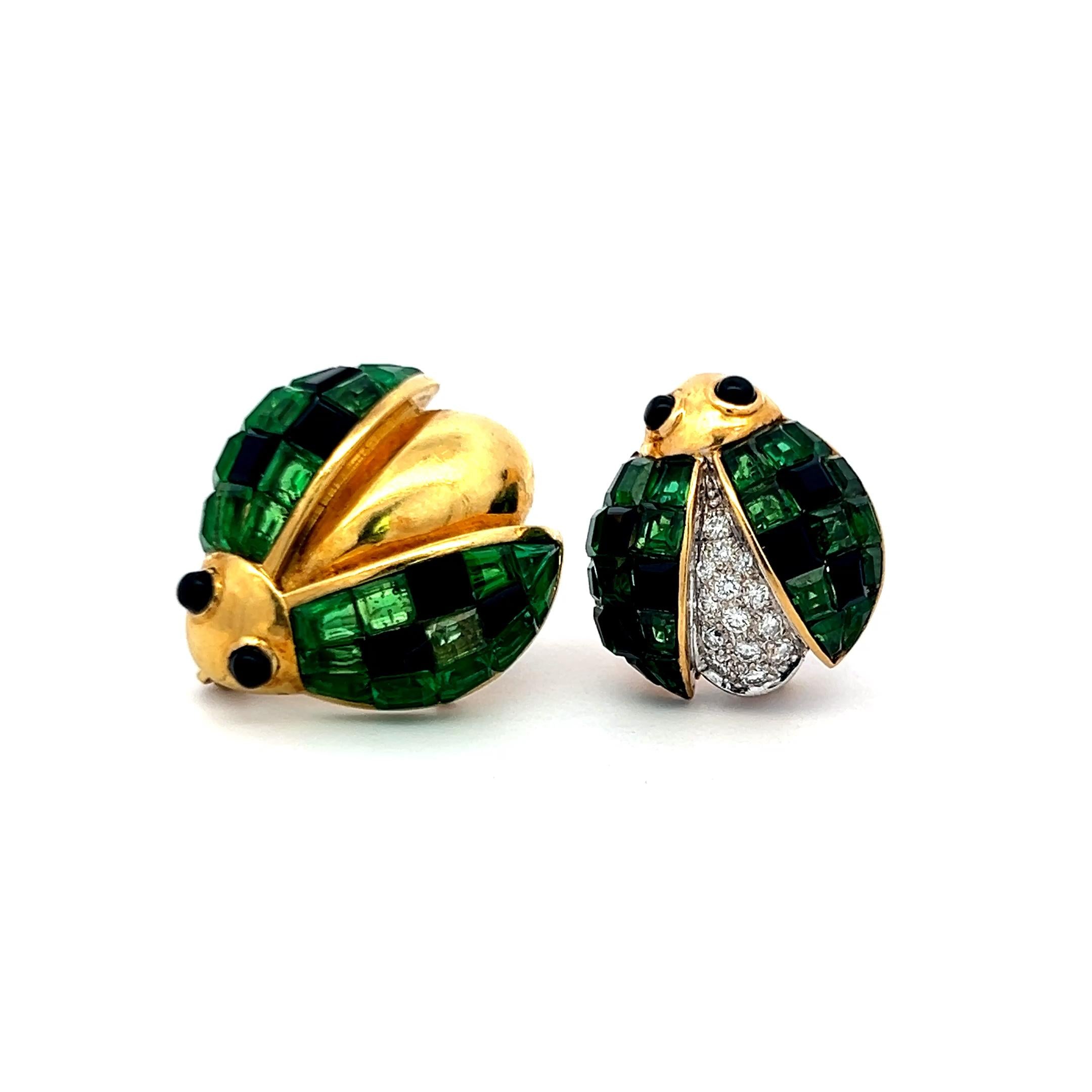 18K Two-Tone Gold Pin Brooch with 0.14 Ct. Diamonds 2.8 Ct. Tsavorite and Onyx