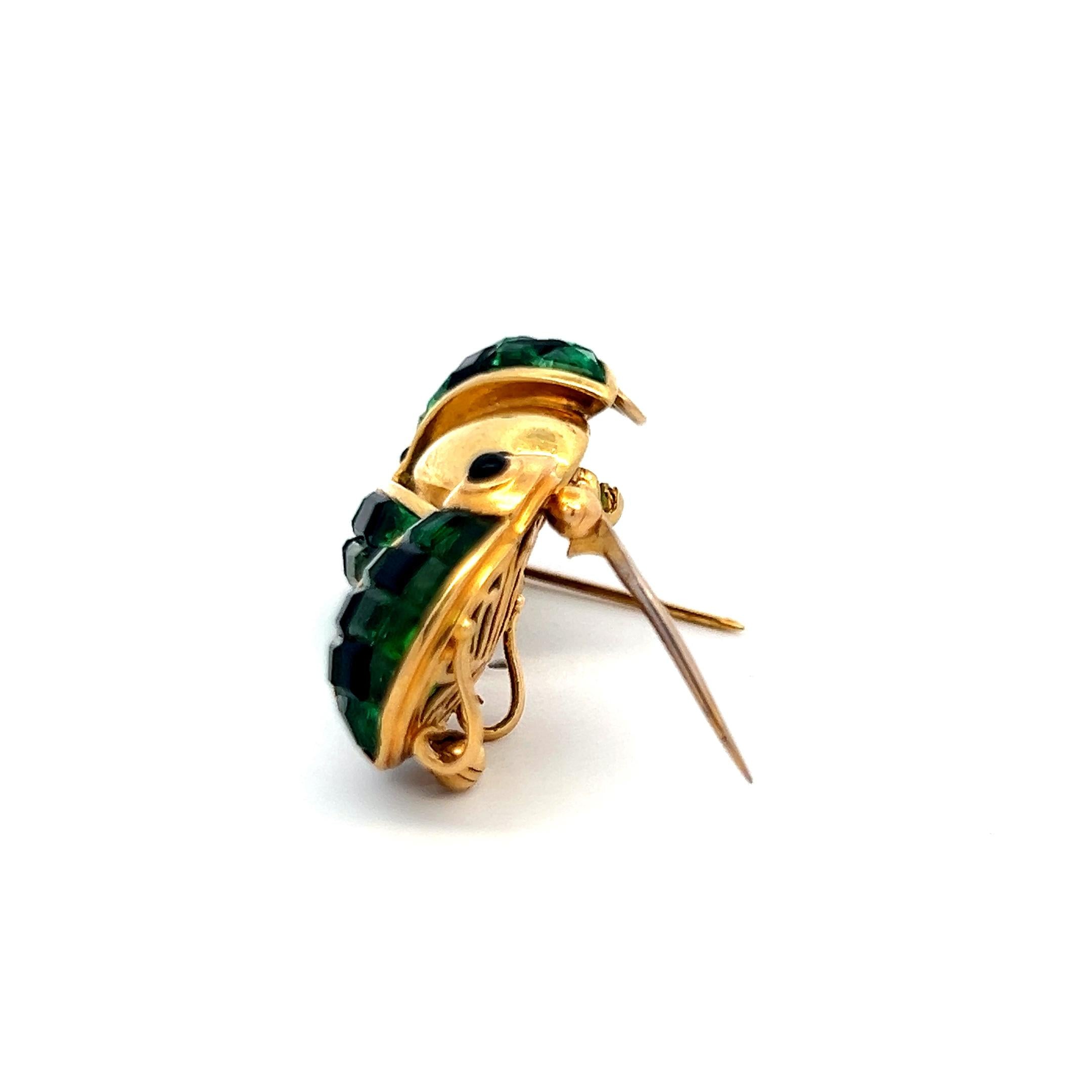 18K Two-Tone Gold Pin Brooch with 0.14 Ct. Diamonds 2.8 Ct. Tsavorite and Onyx