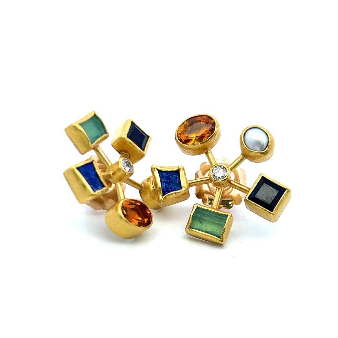 Vintage 18K YG Earrings with 0.14 Carat Diamonds, Pearls & 1 Carat Citrine