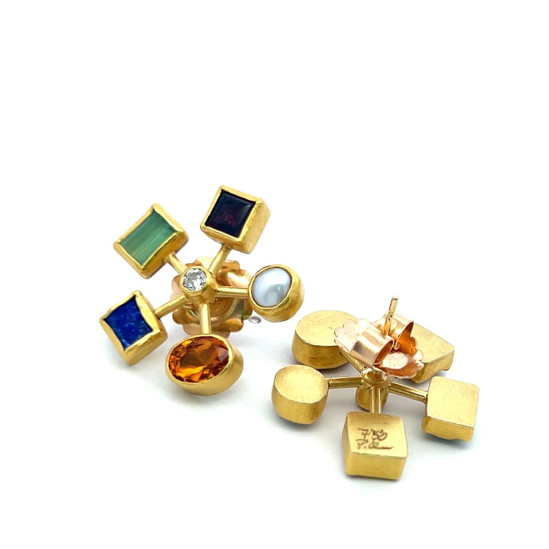 Vintage 18K YG Earrings with 0.14 Carat Diamonds, Pearls & 1 Carat Citrine